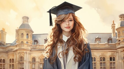 Young female graduate in cap and gown standing in front of ornate university building. Watercolor illustration