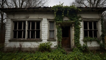 Wall Mural -  The eerie atmosphere of an abandoned house exterior, its windows boarded up and ivy crawling up the walls ai_generated