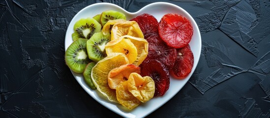 Wall Mural - Heart-shaped plate with dried plums, kiwi, and peach fruit chips on a black background, prepared at home. Vegan snack with no added sugar, seen from a bird's-eye view.