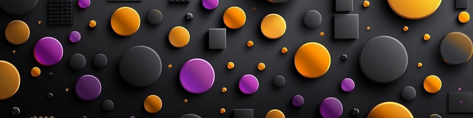 Wall Mural - An abstract pattern of geometric shapes with squares and circles and lines in purple, gold and black colors. 