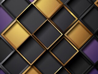 Wall Mural - An abstract pattern of geometric shapes with squares and lines in purple, gold and black colors. 