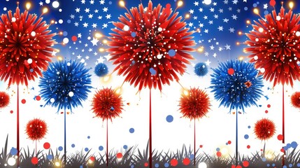 Wall Mural -  Celebrate America with fireworks and flag template or text in the center of the image
