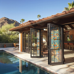 Wall Mural - Poolside Stylish Entry Via Mosaic Glass Folding Door