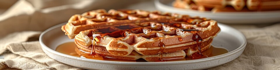 A delicious serving of waffles and syrup on a plate on a table with a linen tablecloth.