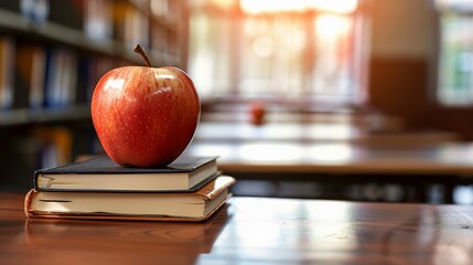 Red apple on teacher's desk with stack of books