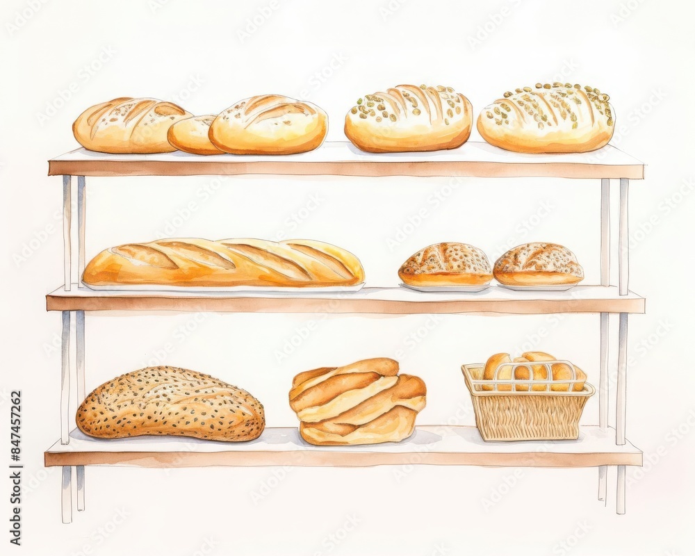 Assorted freshly baked bread loaves displayed on a three-tier wooden ...