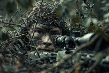 Camouflaged Sniper Taking a Shot in a Forest: Tactical Precision in Wilderness Warfare.