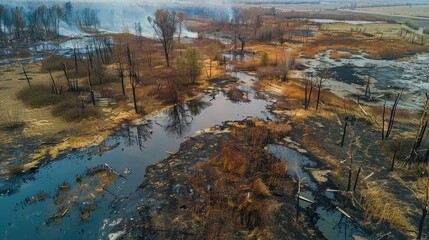 Sticker - Aerial perspective of extensive forest fire damage in wetland area Environmental concern