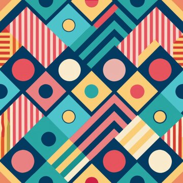 Seamless pattern of retro-inspired elements like cassette tapes, record players, and boomboxes, Generative AI