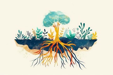 Colorful illustration of a tree with roots and plants, showcasing nature's beauty and balance. Perfect for environmental or botanical themes.