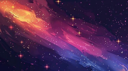 Wall Mural - Vivid space illustration showcasing a colorful nebula with shades of red, pink, and blue, surrounded by sparkling stars in a dark sky.