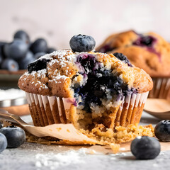 Wall Mural - A glutenfree blueberry muffin with a chocolate chip bite taken out