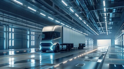 Wall Mural - Autonomous truck in futuristic air cargo facility.