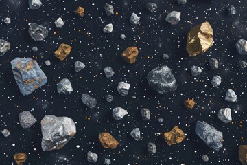 Wall Mural - A multitude of asteroids of various sizes and colors floating in the vastness of space against a dark starry background.