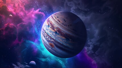 Wall Mural - A stunning digital ing of a planet in a vibrant, colorful galaxy with swirling clouds and distant celestial bodies.