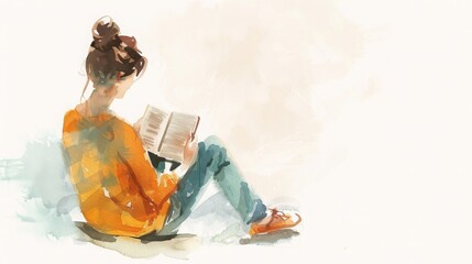 Watercolor painting of a girl reading a book, sitting casually with a relaxed posture, wearing an orange sweater and jeans.