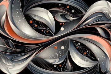 Wall Mural - Abstract illustration featuring festive, swirling waves in solids, patterns and dots of black, gray, blue, pink and white