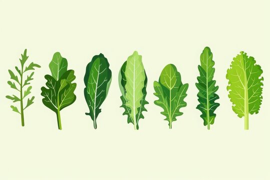 Collection of various green leafy vegetables, showcasing different shapes and textures on a light background. Ideal for healthy food concepts.