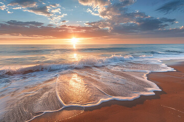 Wall Mural - A tranquil beach scene with soft waves at sunrise, symbolizing a hopeful and calm state of mind.