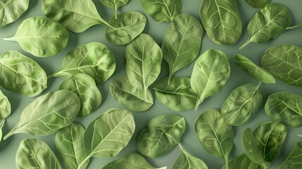 Wall Mural - Fresh green spinach leaves arranged in a pattern on a light green background, perfect for health and nutrition illustrations.