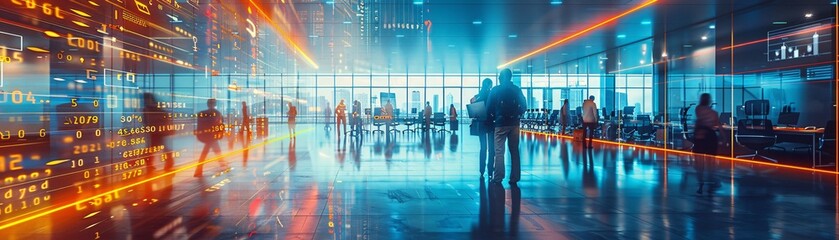 Wall Mural - A futuristic office with neon accents and a spacious design, where blurred employees are surrounded by floating financial data, illustrating a corporate strategy for finance.