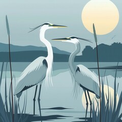 Two elegant herons stand by the water with a serene landscape in the background under the calming light of a large moon.