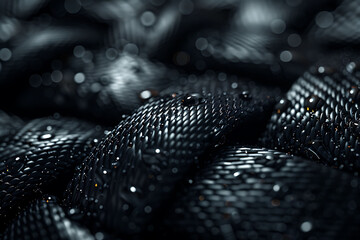 Wall Mural - Close-up of water droplets on a textured black surface resembling snakeskin