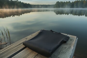 Wall Mural - An unfolded black t-shirt on an old wooden dock by a serene lake at dawn, with mist rising around, adding a mystical feel. 32k, full ultra HD, high resolution