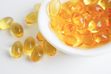 Poster - Fish oil or Cod liver oil gel in capsules with omega 3 vitamins, supplementary healthy food