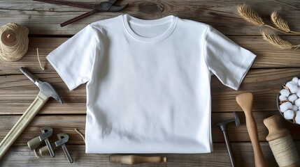 An unfolded white t-shirt on a vintage wooden table, surrounded by rustic tools and raw cotton, emphasizing its natural origins. 32k, full ultra HD, high resolution