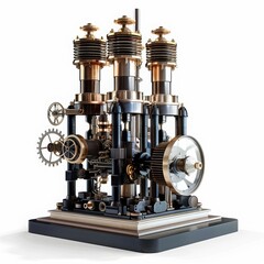 intricate vintage steam engine model with gears and cylinders, showcasing industrial design and mech
