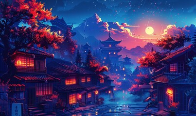 a retrowave illustration of a neon-lit utopian Japanese village during the night, featuring glowing cyberpunk aesthetics.