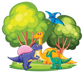 Wall Mural - Colorful dinosaurs in a lush forest