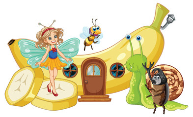 Wall Mural - Fairy with insects near a banana house