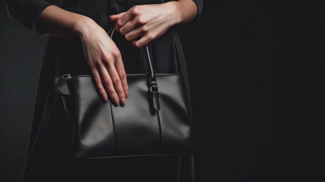 Close-up of a stylish woman's hands clutching a chic leather bag against a solid black background, emphasizing luxury and class. 