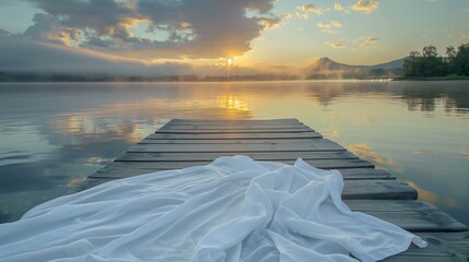 Wall Mural - A white linen shirt spread out on a polished wooden dock leading to a serene lake, captured during the golden hour of sunrise. 32k, full ultra HD, high resolution