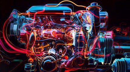 Wall Mural - 3. Through a captivating cross-section, viewers are invited into the inner workings of a car engine, where vivid hues illustrate the synchronized dance of moving parts, fuel injection, and