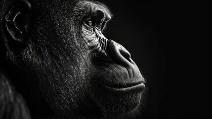Wall Mural - Majestic gorilla portrait in monochrome on a dark background, symbolizing strength and beauty in nature