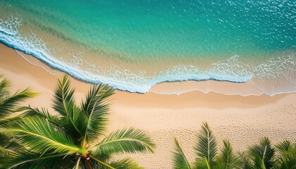 Beach background with sand and water, there are typical palm leaves. summer theme, wallpaper, poster.