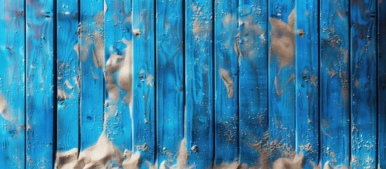 Wall Mural - Summer background of blue wooden planks covered in sand, captured from above with copy space.