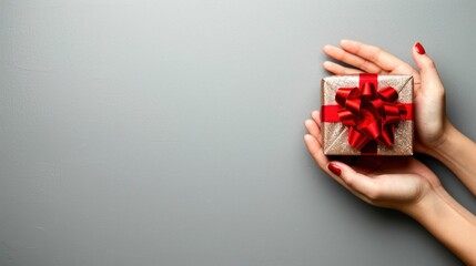 Hand holding a festive holiday gift against a solid silver background, providing a festive and elegant setting for custom messaging. 