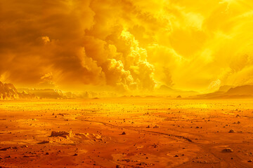 Venus landscape, yellow planet, gas, environment concept, science fiction, background