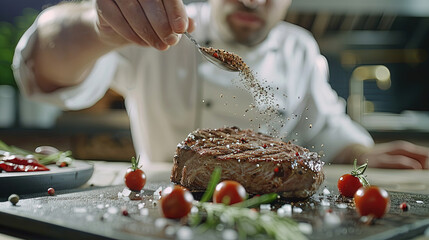 Wall Mural - A Chef's Artistry, Sprinkling Seasoning to Elevate the Taste of Grilled Steak