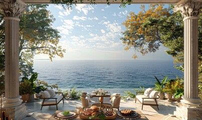 Wall Mural - a stunning seaside residence with a table set for a romantic meal, complete with meat and vegetables, overlooking the tranquil sea under a summer sky.
