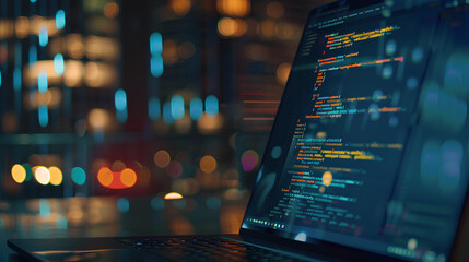 Wall Mural - a close-up on a laptop screen displaying code with cloud service apis and a blurred background of a 