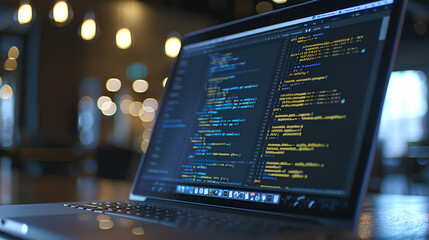Wall Mural - a close-up on a laptop screen displaying code with cloud service apis and a blurred background of a 