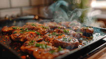 Wall Mural - Chef's Special, Deliciously Grilled Beef Steak in a Frying Pan