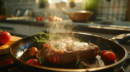 Wall Mural - Epicurean Triumph, Reveling in the Exquisite Flavor of Cast Iron Grilled Beef Steak