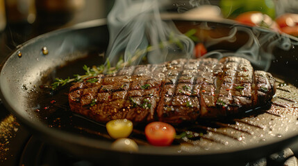 Wall Mural - Sizzling Perfection, A Juicy Grilled Beef Steak in a Frying Pan