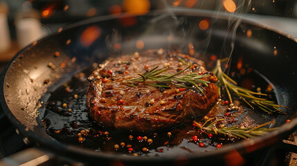 Wall Mural - Mastering the Grill, Tender Beef Steak Sizzles in a Frying Pan